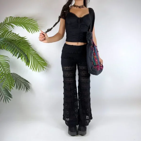 Vintage Y2K Black Lace Whimsigoth Low Rise Flare Fairy Grunge Pants / Size: S - Picture 1 of 6
